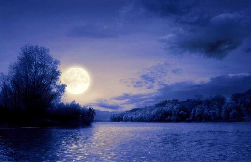 Full Moon over River — Blue, Serene, Night