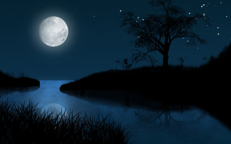 Full Moon over River — Blue, Serene