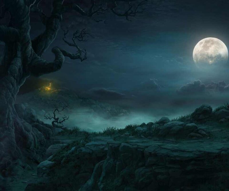 Full Moon over Rocky Cliff