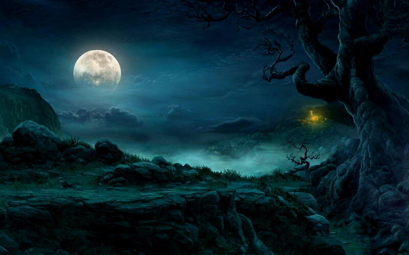 Full Moon over Rocky Landscape — Blue, Dark