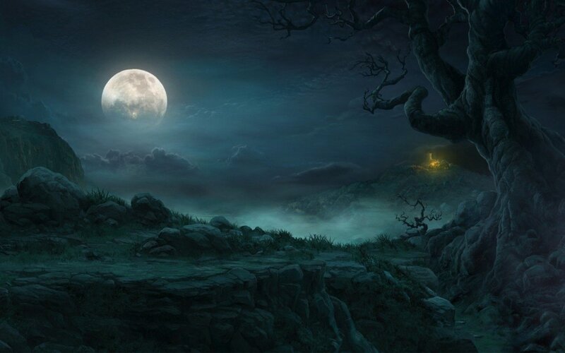 Full Moon over Rocky Landscape — Dark Blue