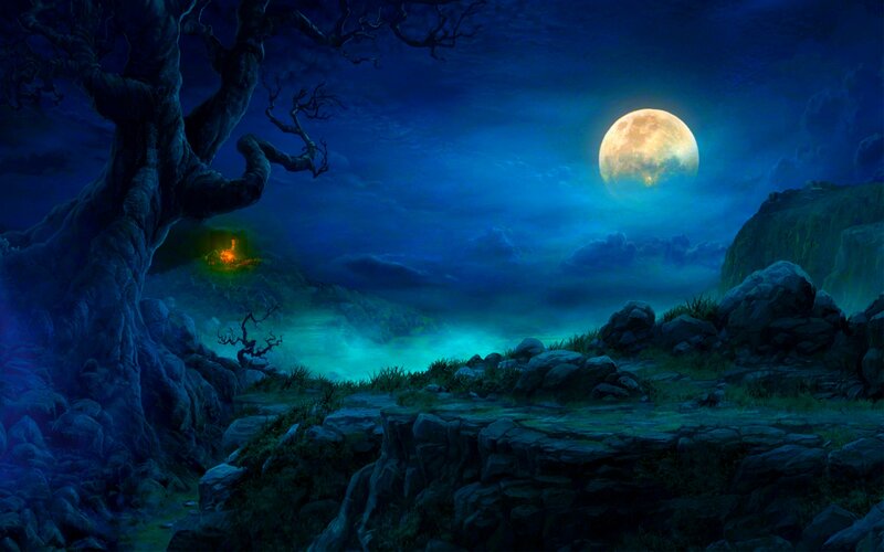 Full Moon over Rocky Landscape