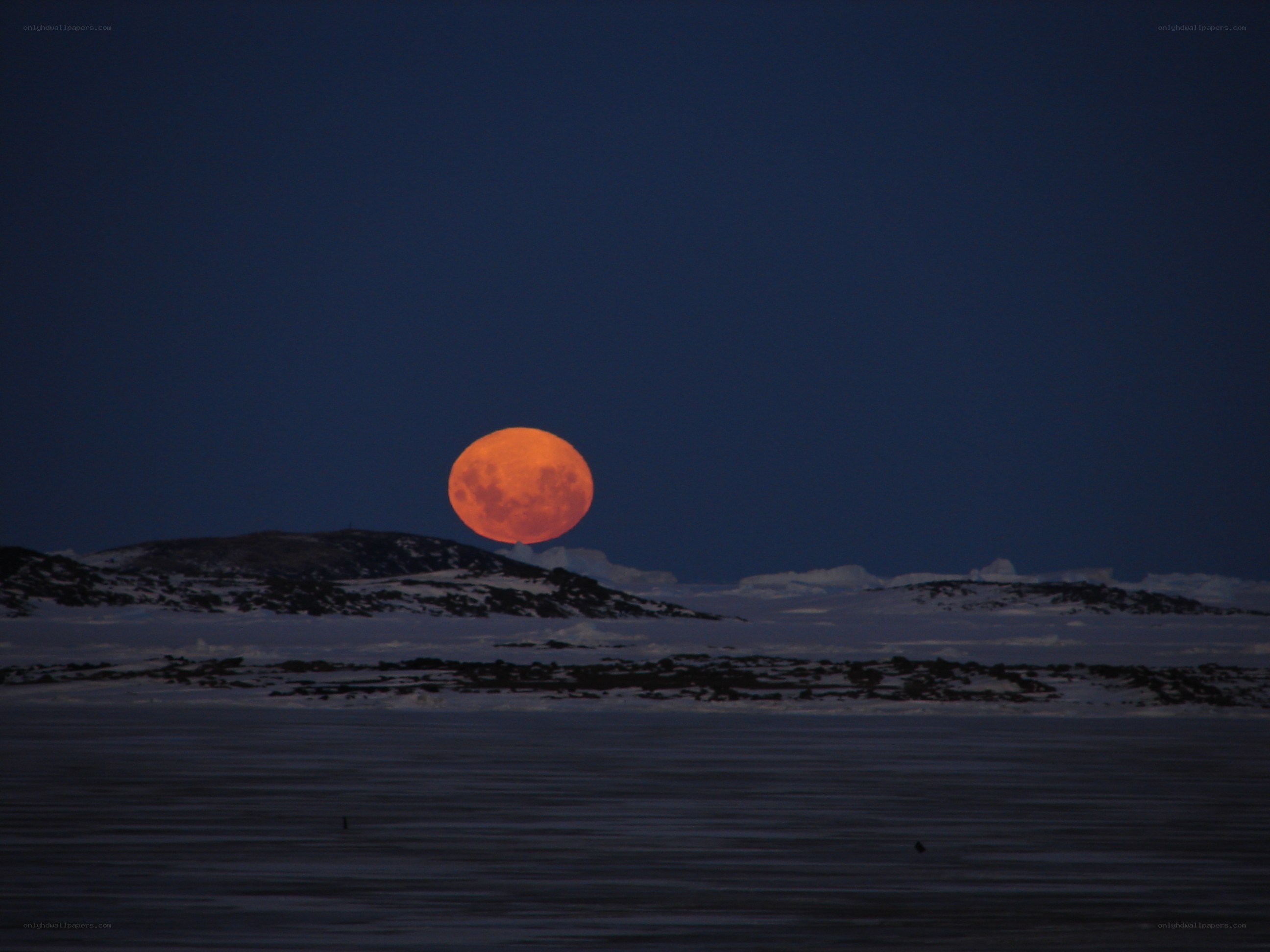 Full moon over snowy landscape