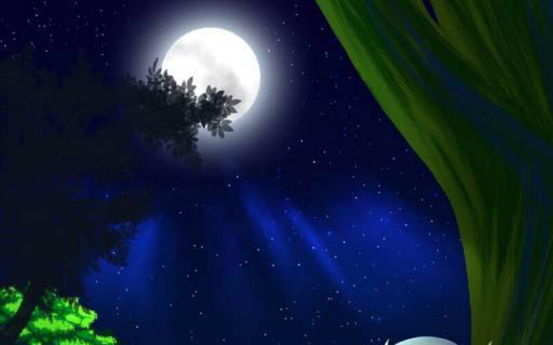 Full Moon over Trees — Blue, Serene, Night, Digital Art