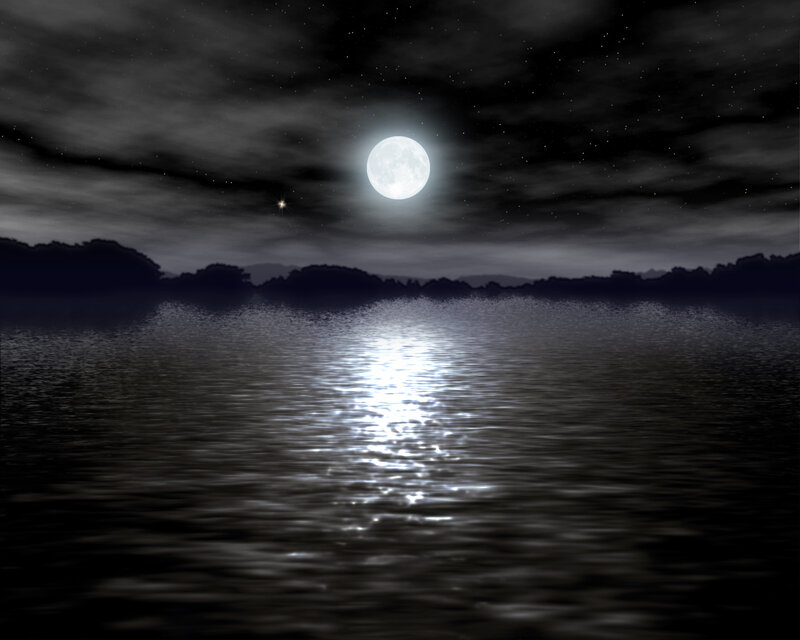 Full Moon over Water — Black, Serene, Night, Digital Art, Stars