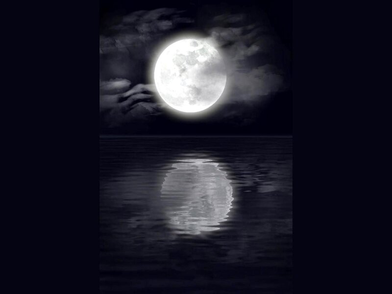 Full Moon over Water — Black, Serene, Night, Digital Art