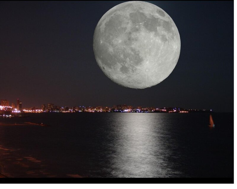 Full Moon over Water — Black, Serene, Night, Photograph, City Skyline