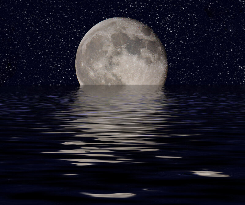 Full Moon over Water — Black, Serene, Night, Photograph, Night Sky, Stars