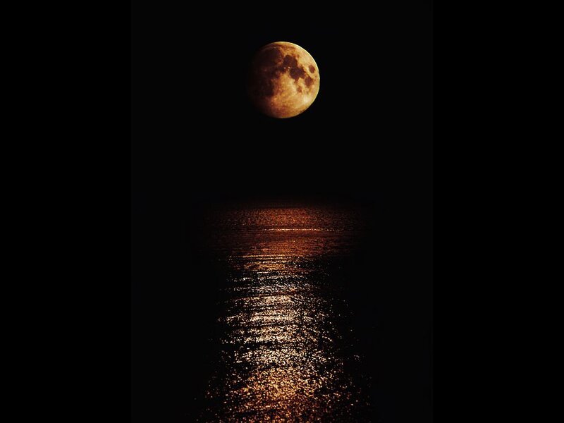 Full Moon over Water — Black, Serene, Night, Photograph, Reflection