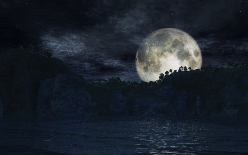 Full Moon over Water — Blue, Serene, Night, 3d Render