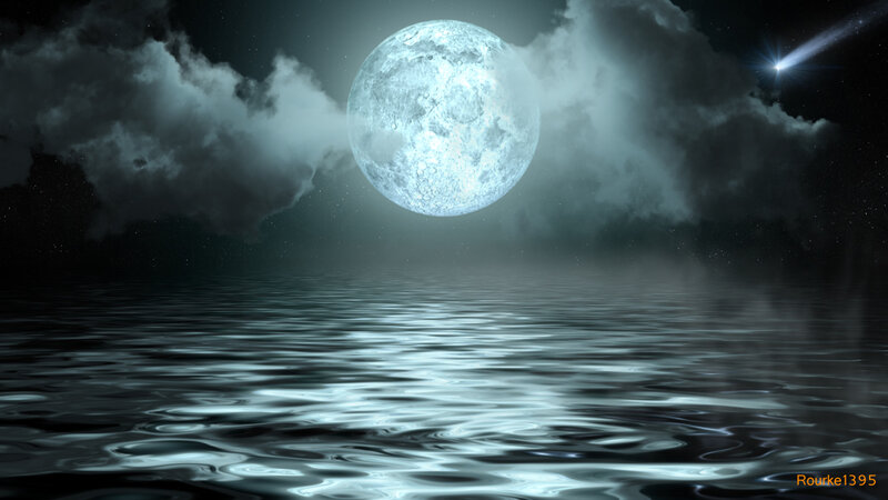 Full Moon over Water — Blue, Serene, Night, Digital Art, Clouds