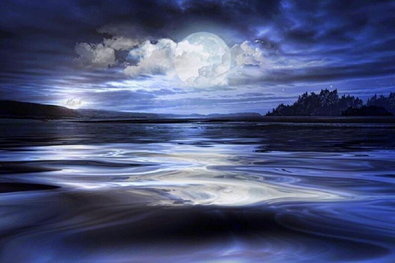 Full Moon over Water — Blue, Serene, Night, Digital Art, Clouds, Trees