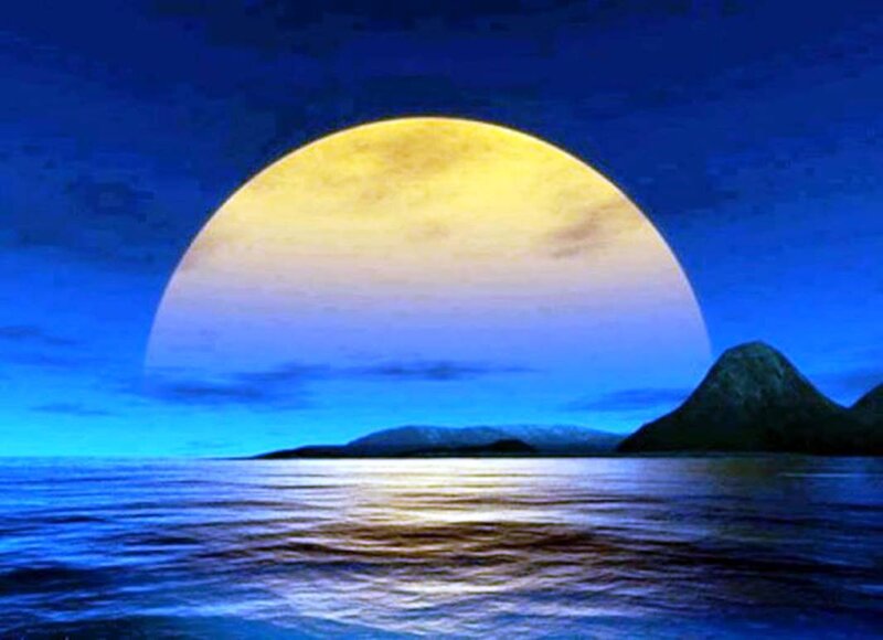 Full Moon over Water — Blue, Serene, Night, Digital Art, Mountain