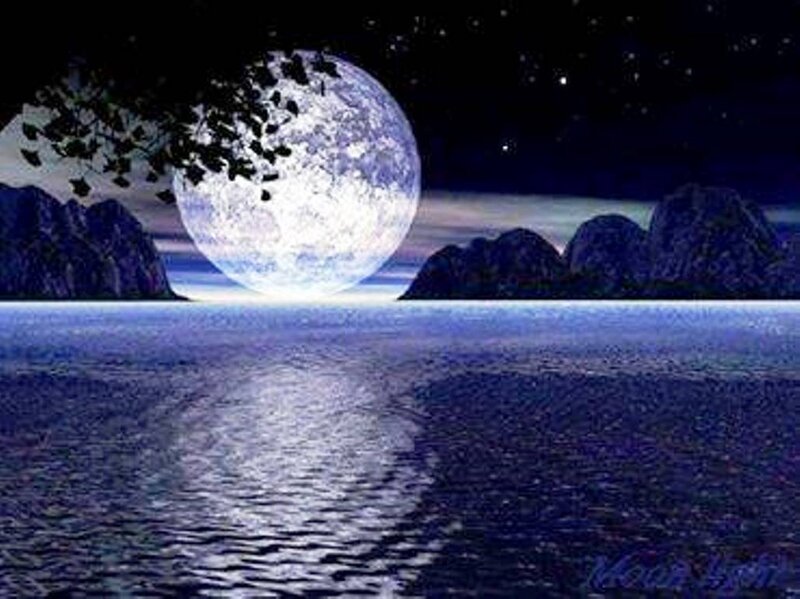 Full Moon over Water — Blue, Serene, Night, Digital Art, Mountains