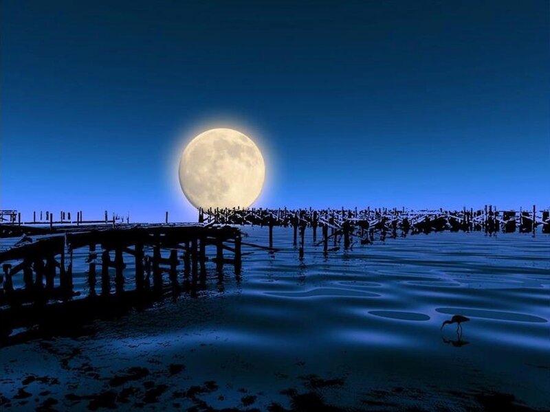 Full Moon over Water — Blue, Serene, Night, Digital Art, Pier