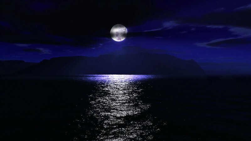 Full Moon over Water — Blue, Serene, Night, Digital Art, Sea, Mountain, Black