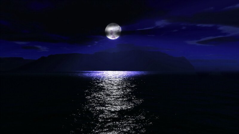 Full Moon over Water — Blue, Serene, Night, Digital Art, Sea, Mountains