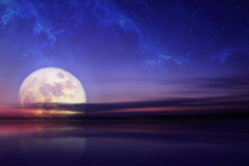 Full Moon over Water — Blue, Serene, Night, Digital Art, Sky