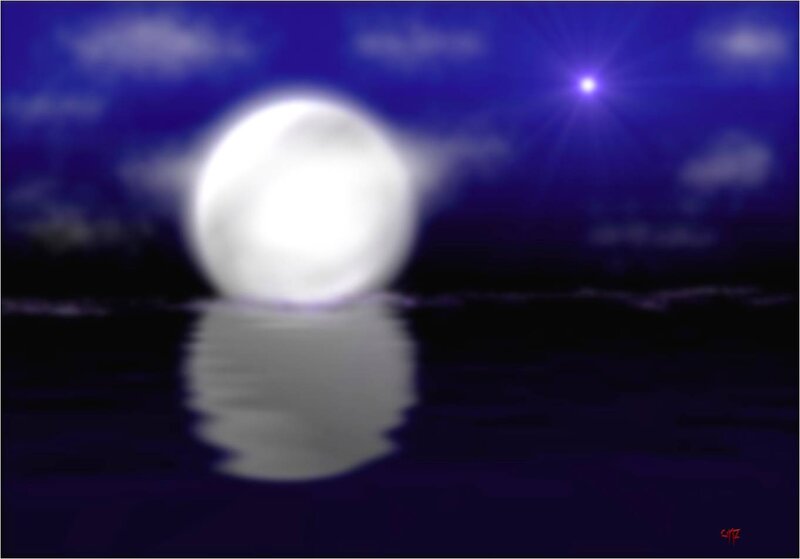 Full Moon over Water — Blue, Serene, Night, Digital Art, Star