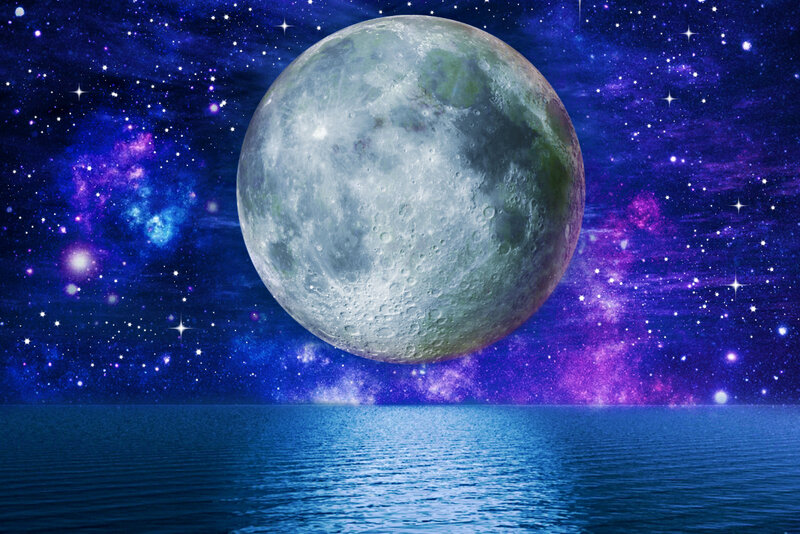 Full Moon over Water — Blue, Serene, Night, Digital Art, Stars, Galaxy