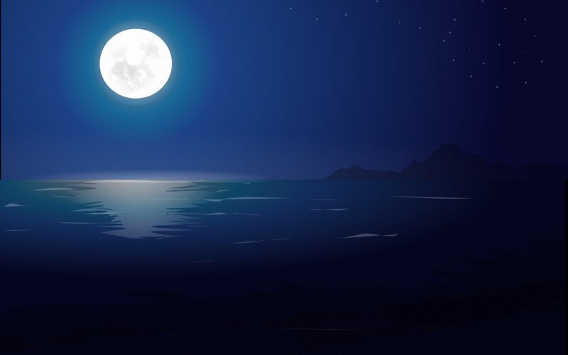 Full Moon over Water — Blue, Serene, Night, Digital Art, Stars, Mountains