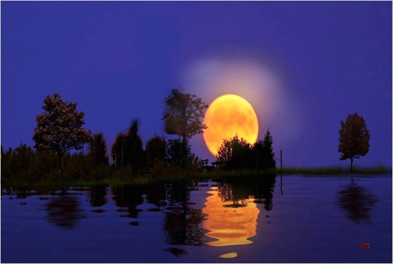 Full Moon over Water — Blue, Serene, Night, Digital Art, Trees, Reflection