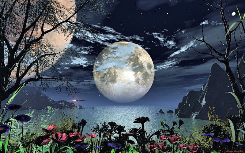 Full Moon over Water — Blue, Serene, Night, Digital Art, Trees