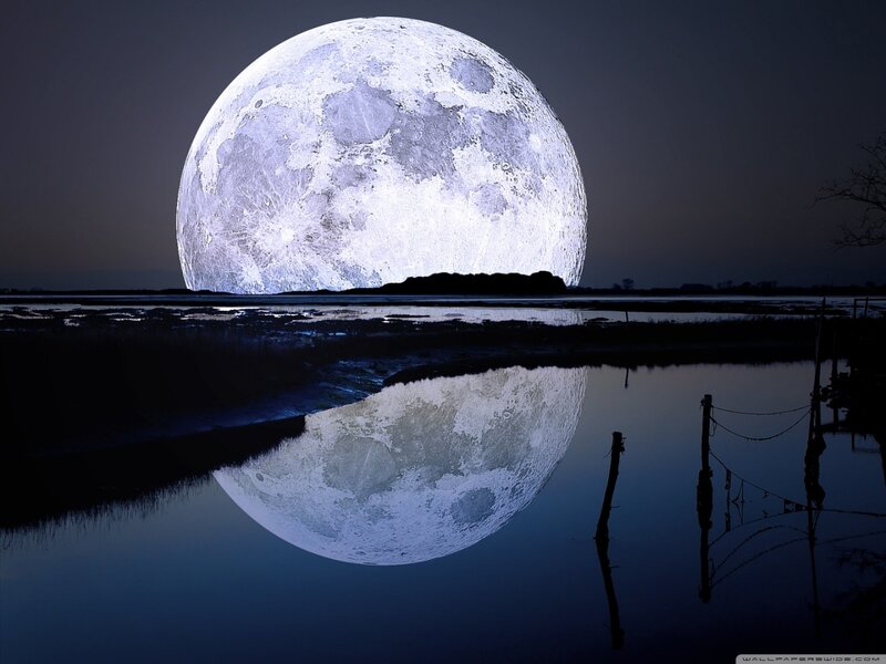 Full Moon over Water — Blue, Serene, Night, Photograph, Reflection, Sky