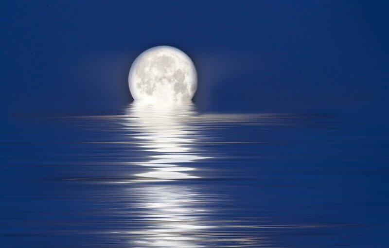 Full Moon over Water — Blue, Serene, Night, Photograph, Reflection