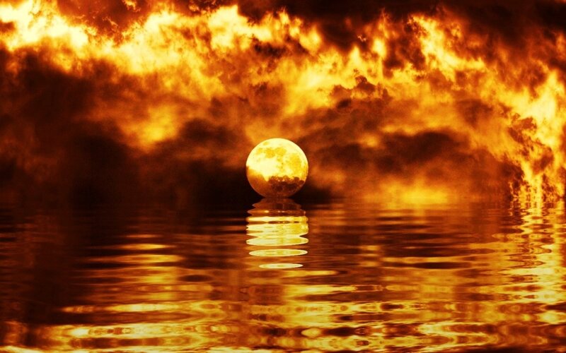 Full Moon over Water — Orange, Dramatic, Night, Digital Art