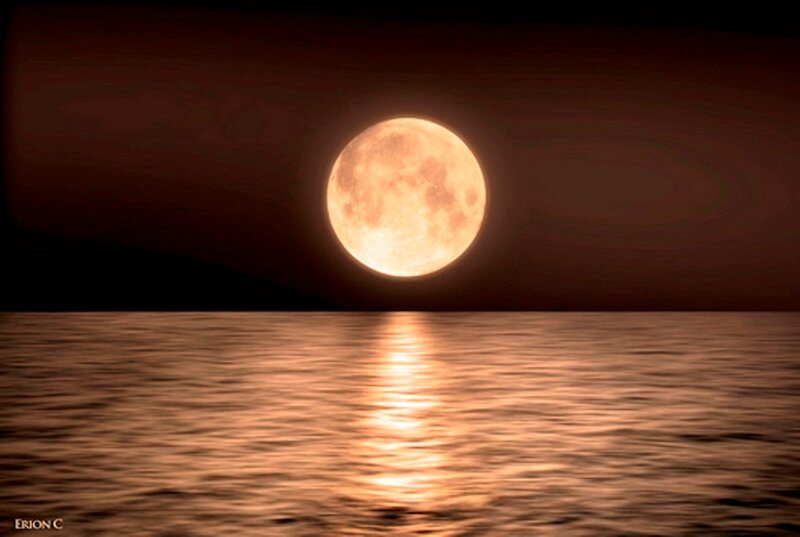 Full Moon over Water — Orange, Serene, Night, Photograph
