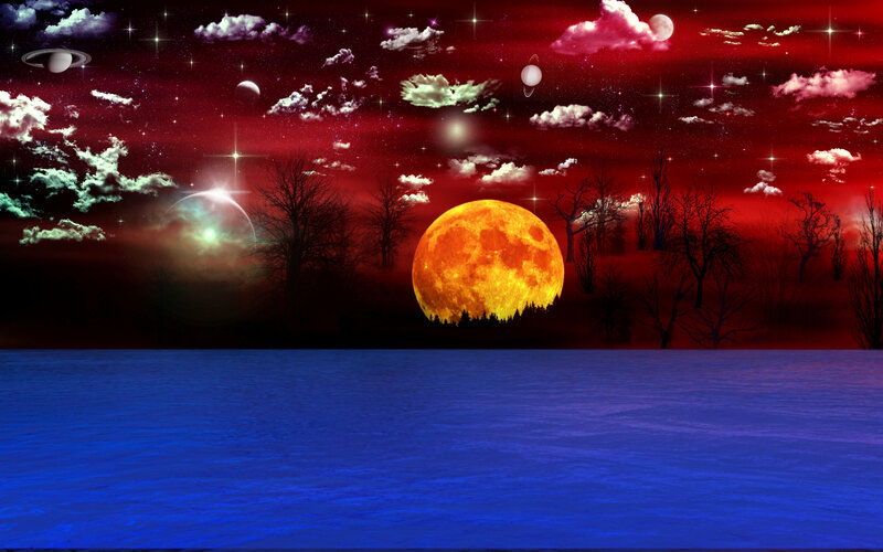 Full Moon over Water — Red, Dramatic