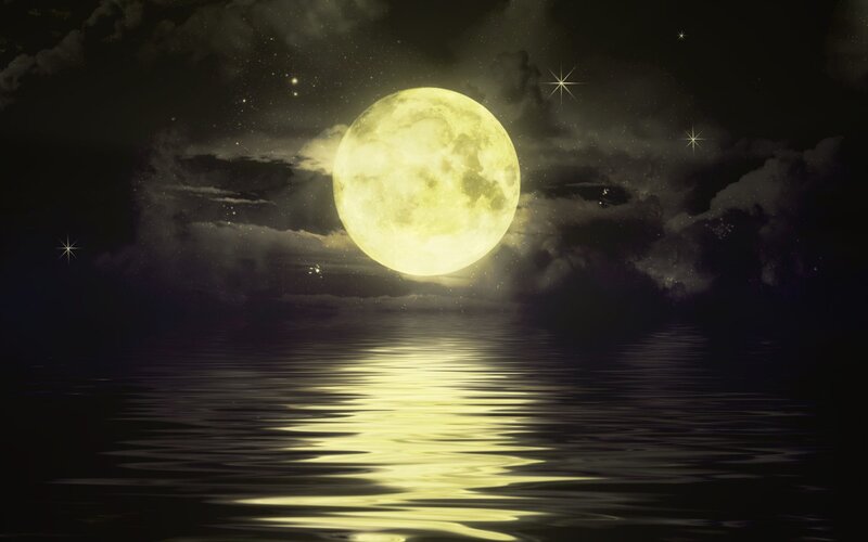 Full Moon over Water — Yellow, Serene, Night, Digital Art, Stars, Clouds, Reflection, Black, Dark Gray