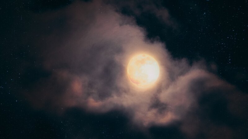 Full Moon Through Clouds — Black, Dramatic, Night, Photograph, Stars