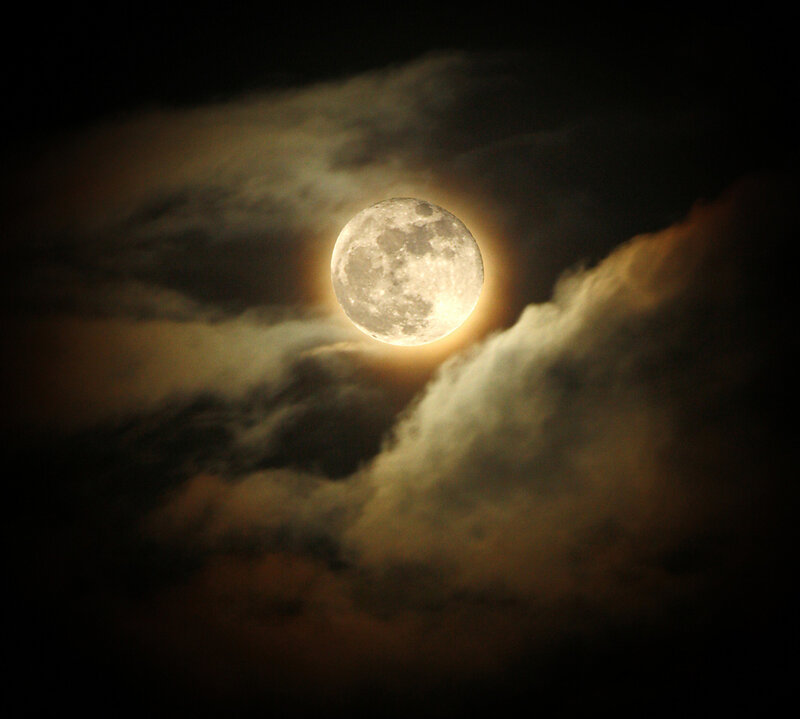 Full Moon Through Clouds — Black, Dramatic, Night, Photograph