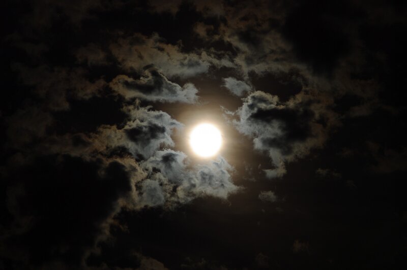 Full Moon Through Clouds — Black, Dramatic, Night, Photograph, White, Gray
