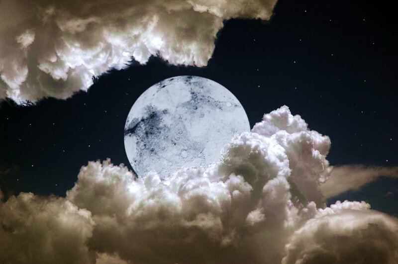 Full Moon Through Clouds — White, Dramatic, Night, Photograph, Stars