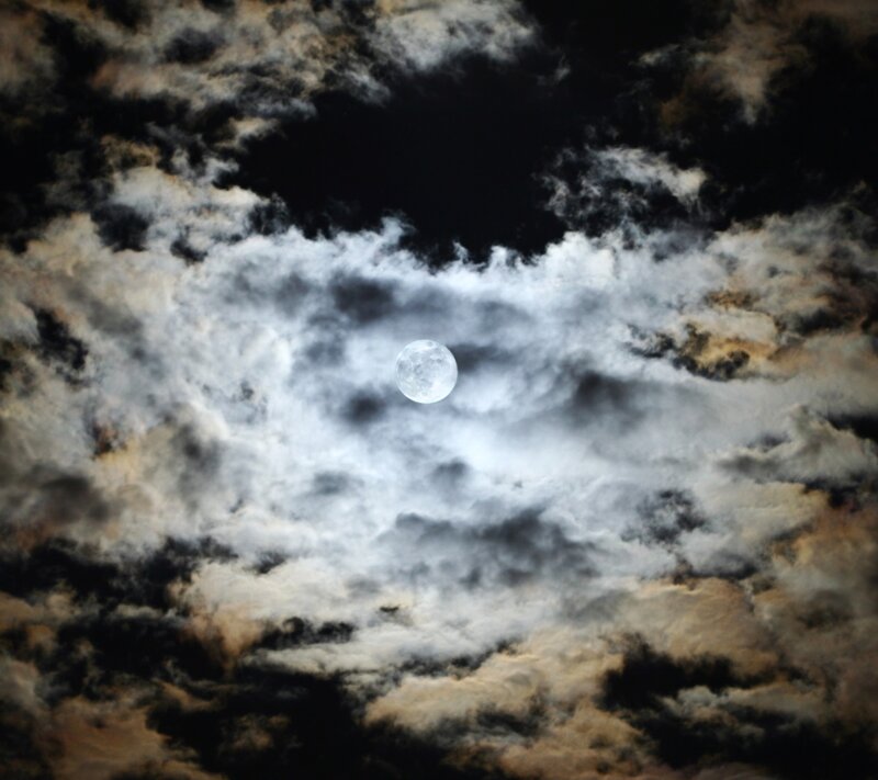 Full Moon Through Clouds — White, Dramatic, Night, Photograph