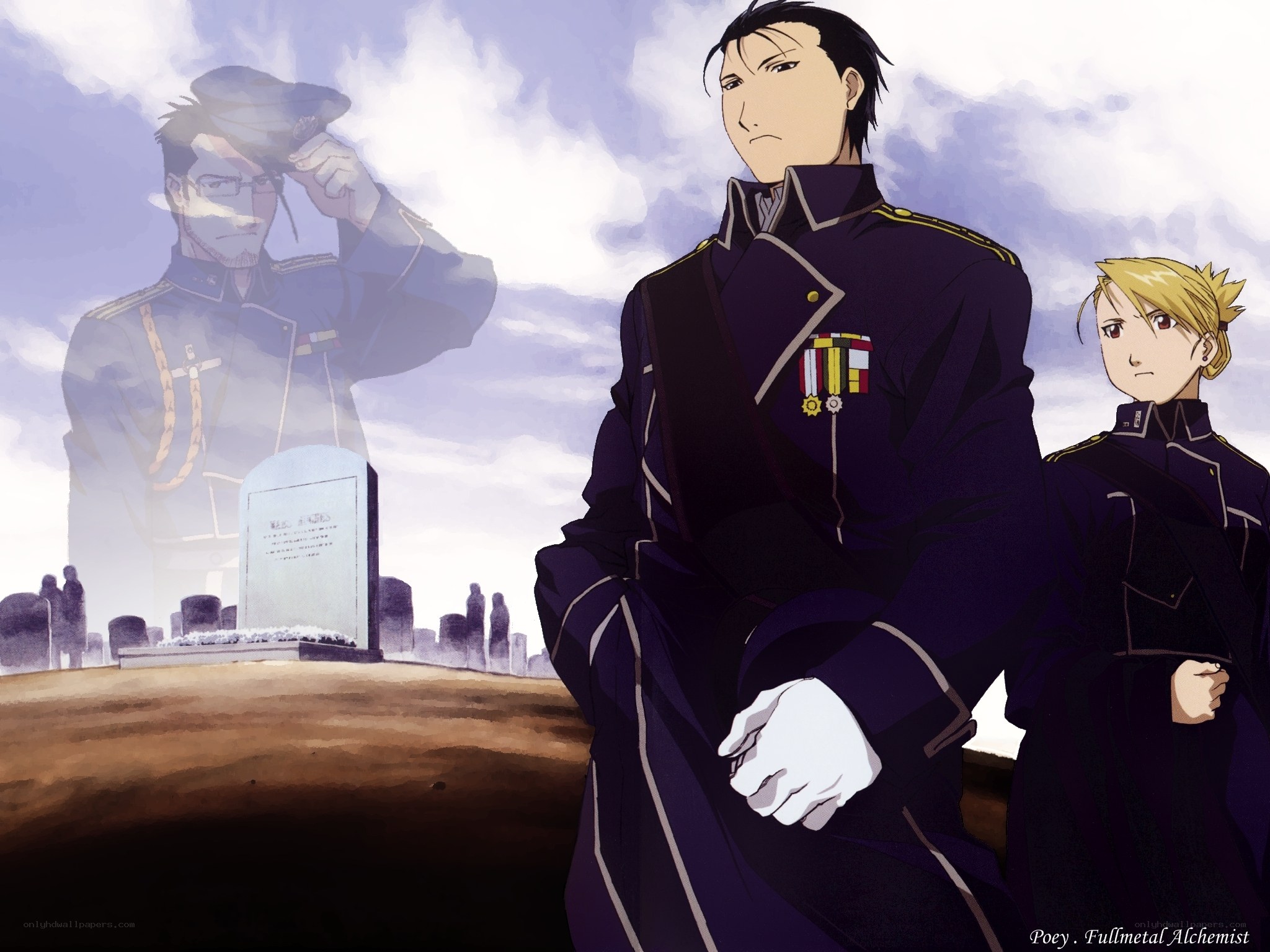 Fullmetal Alchemist characters at a grave