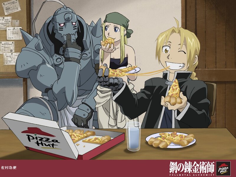 Fullmetal Alchemist characters eating pizza