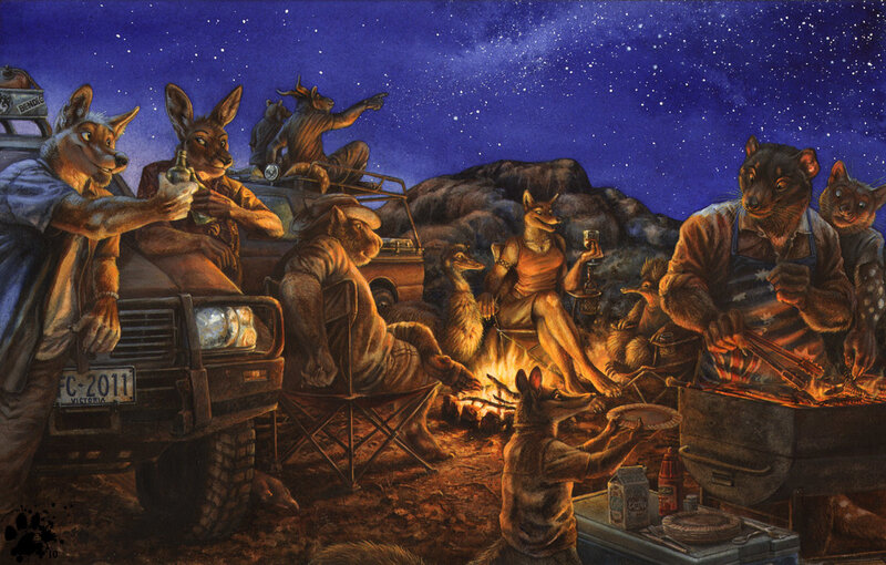 Furry campers under stars