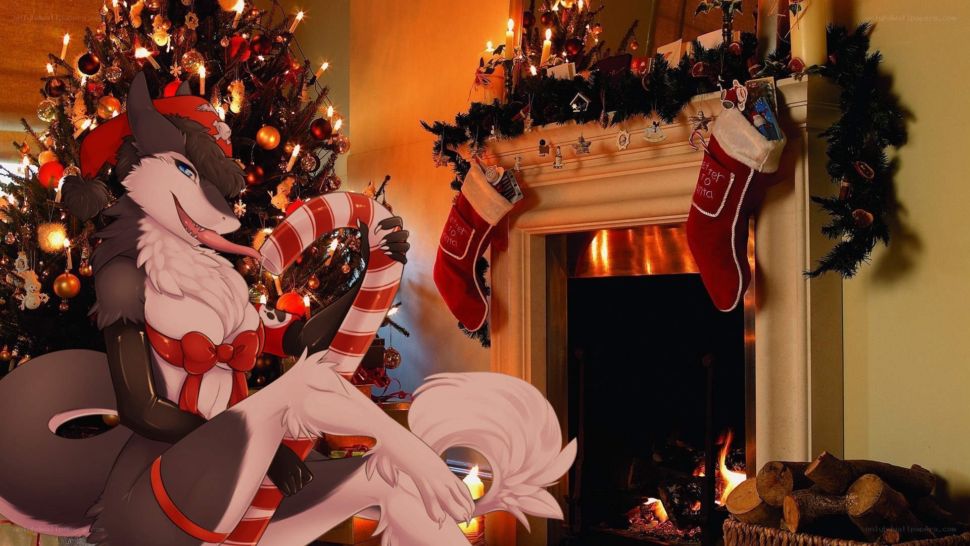 Furry character by Christmas fireplace