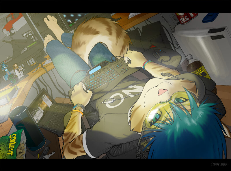 furry character gaming at desk