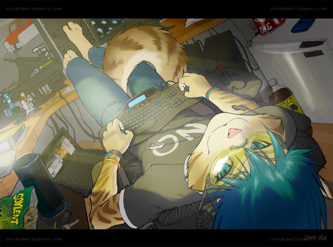 furry character gaming at desk
