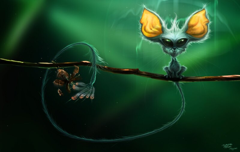 Furry Creature on Branch — Green
