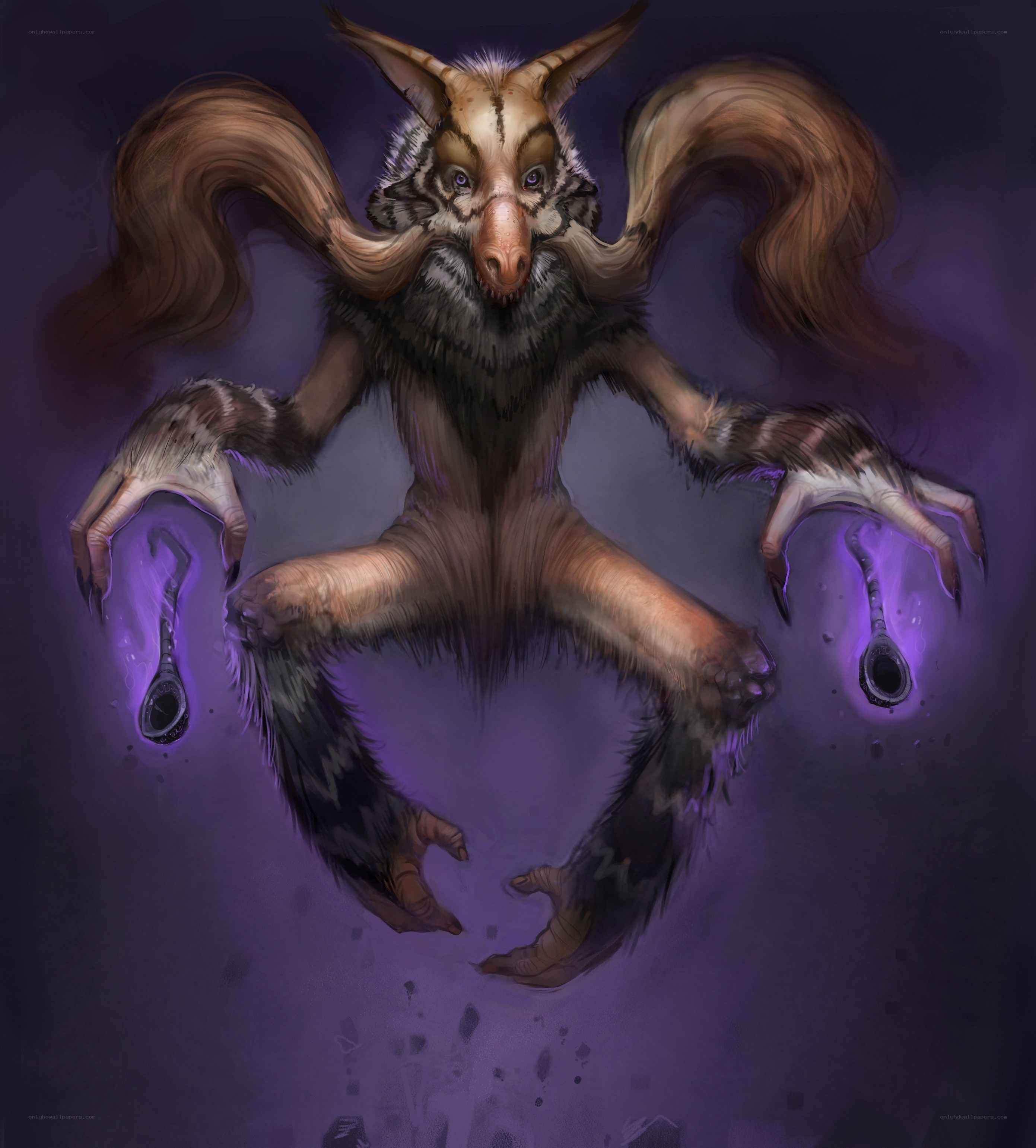 furry creature with glowing purple hands
