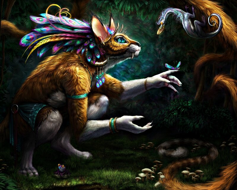 Furry Creature with Peacock Feathers