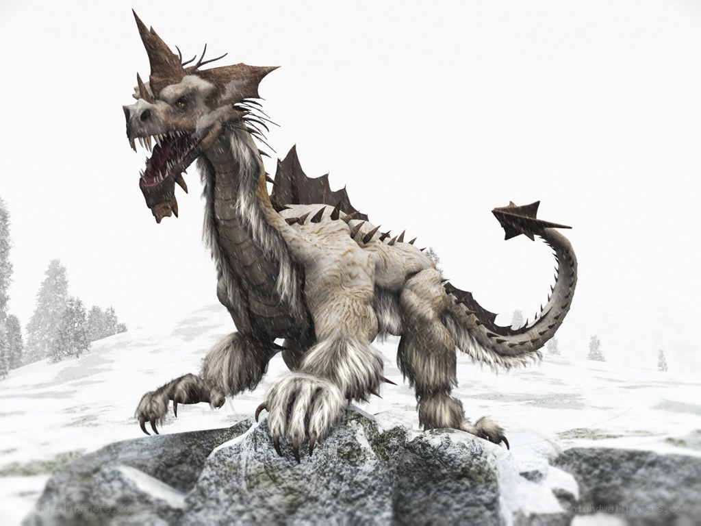 furry dragon in snowy landscape