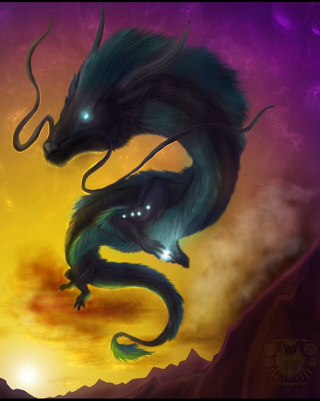furry dragon in sunset sky
