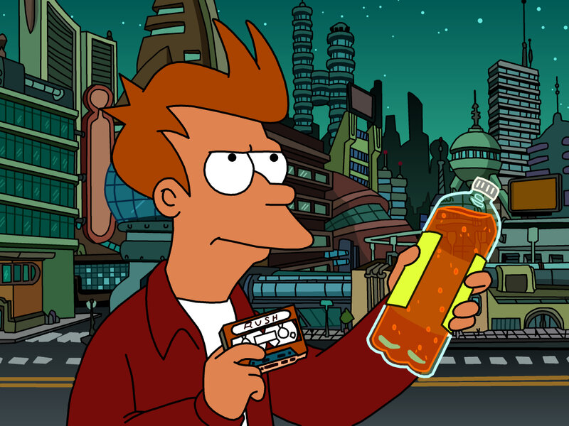 Futurama character holding drink and cassette